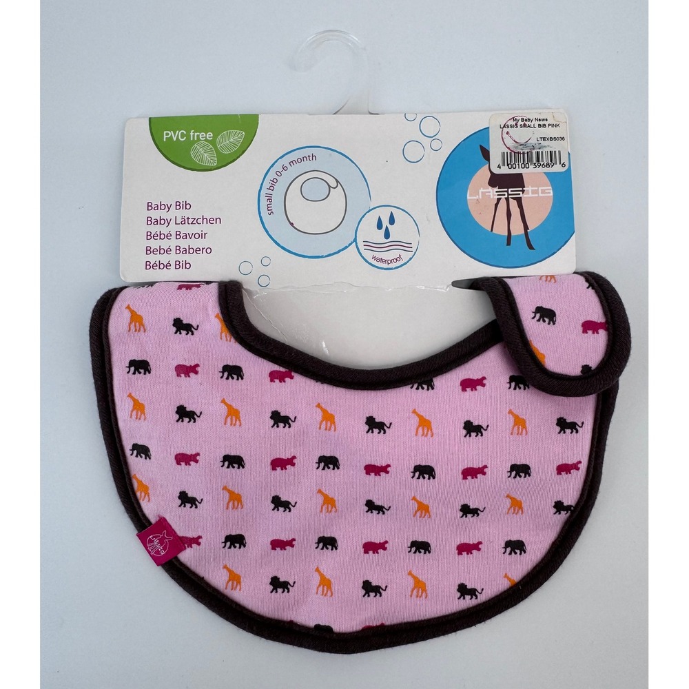 LASSIG Baby Bib Small 0-6 Months Pink Animal Print Jungle Giraffe Elephant NWT